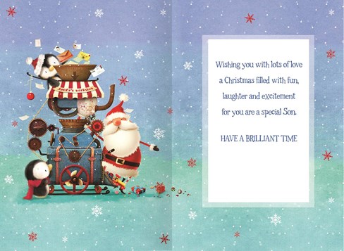 Son Christmas Card - Santa & Penguins in Santa's Workshop with Foil 9" x 6" Son Christmas Card - Santa & Penguins in Santa's Workshop with Foil 9" x 6"