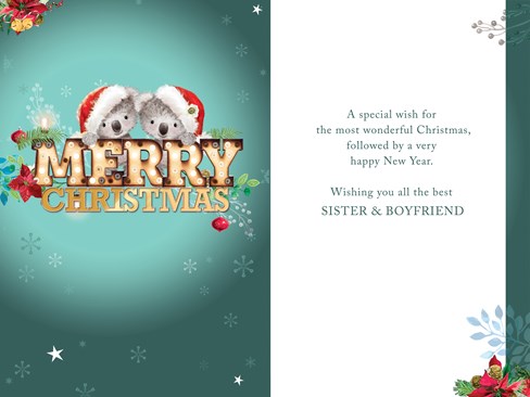 Sister & Boyfriend Christmas Card - Santa Koala Bears and Silver Foil 9 x 6" Sister & Boyfriend Christmas Card - Santa Koala Bears and Silver Foil 9 x 6"