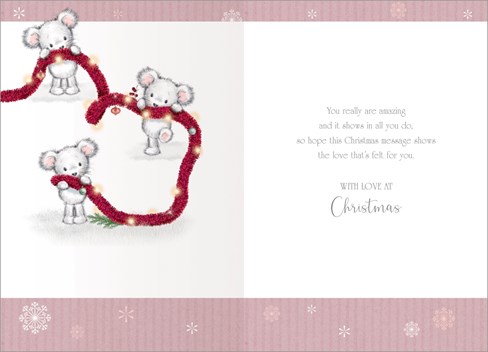 Goddaughter Christmas Card - Mouse Bears Holding Tinsel Lights & Foil 7.5x5.25" Goddaughter Christmas Card - Mouse Bears Holding Tinsel Lights & Foil 7.5x5.25"