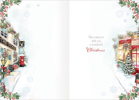 Auntie & Uncle Christmas Card - Village Street in Snow with Red Foil 7.5x5.25" Auntie & Uncle Christmas Card - Village Street in Snow with Red Foil 7.5x5.25"