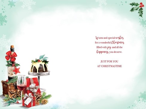 Mum & Partner Christmas Card - Christmas Pudding, Wine & Pinecones 9" x 6" Mum & Partner Christmas Card - Christmas Pudding, Wine & Pinecones 9" x 6"