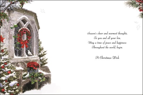 Jonny Javelin Open Christmas Card - Church Window, Wreath & Trees 7.25" x 5.5" Jonny Javelin Open Christmas Card - Church Window, Wreath & Trees 7.25" x 5.5"