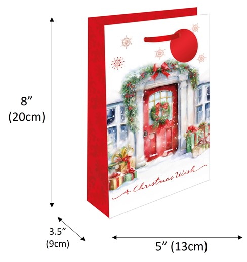 Small Christmas Gift Bag - Wreath on Red Door with Red Foil Finish & Tag 8x5" Small Christmas Gift Bag - Wreath on Red Door with Red Foil Finish & Tag 8x5"