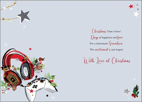 Jonny Javelin Grandson Christmas Card - Headphones & Controller Gold Foil 9x6.25 Jonny Javelin Grandson Christmas Card - Headphones & Controller Gold Foil 9x6.25