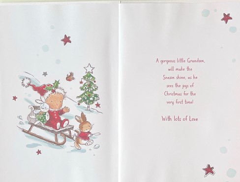 Jonny Javelin Grandson's First Christmas Card - Baby on Sledge Glitter Foil 9x6 Jonny Javelin Grandson's First Christmas Card - Baby on Sledge Glitter Foil 9x6