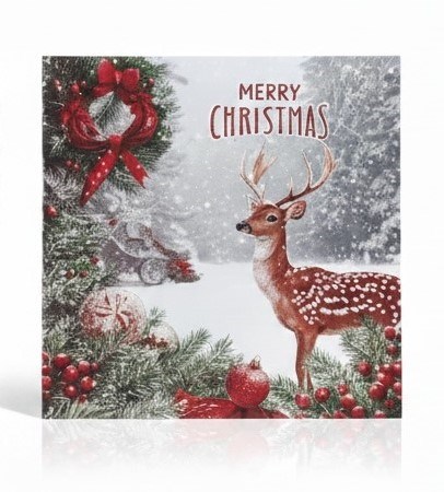 Pack of 12 Square Scenic Christmas Cards - Robin & Deer in Snow with Glitter Pack of 12 Square Scenic Christmas Cards - Robin & Deer in Snow with Glitter