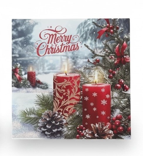 Pack of 12 Square Christmas Cards - Xmas Tree Stockings Candles in Snow Glitter Pack of 12 Square Christmas Cards - Xmas Tree Stockings Candles in Snow Glitter