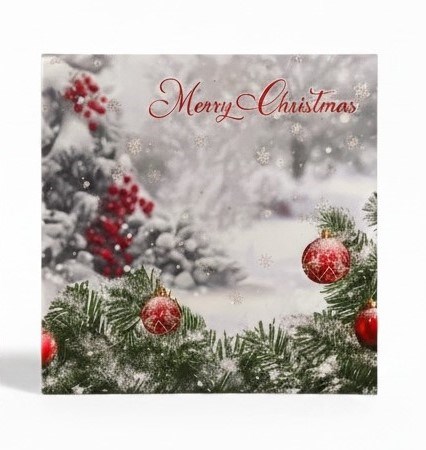 Pack of 12 Square Scenic Christmas Cards - Red Baubles on Wreath & Tree in Snow Pack of 12 Square Scenic Christmas Cards - Red Baubles on Wreath & Tree in Snow