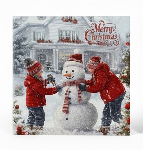 Pack of 12 Scenic Square Christmas Cards - Boys Building Snowman with Glitter Pack of 12 Scenic Square Christmas Cards - Boys Building Snowman with Glitter