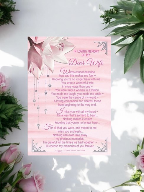 Loving Memory Graveside Memorial Card - Dear Wife Pink Lily 6.25x4.25" Loving Memory Graveside Memorial Card - Dear Wife Pink Lily 6.25x4.25"