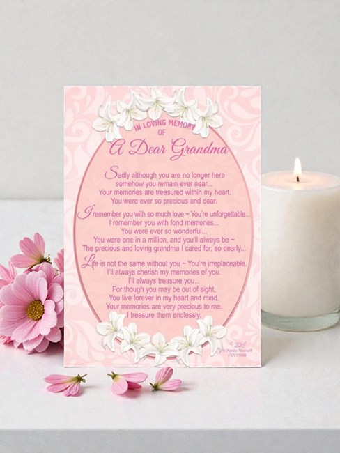 Loving Memory Graveside Memorial Card - Dear Grandma Pink White Lily 6.25x4.25" Loving Memory Graveside Memorial Card - Dear Grandma Pink White Lily 6.25x4.25"