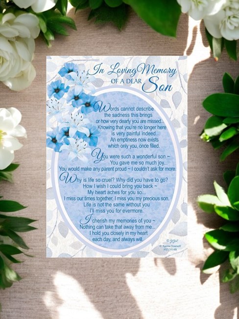 Loving Memory Graveside Memorial Card - Blue and White Dear Son 6x4" Loving Memory Graveside Memorial Card - Blue and White Dear Son 6x4"
