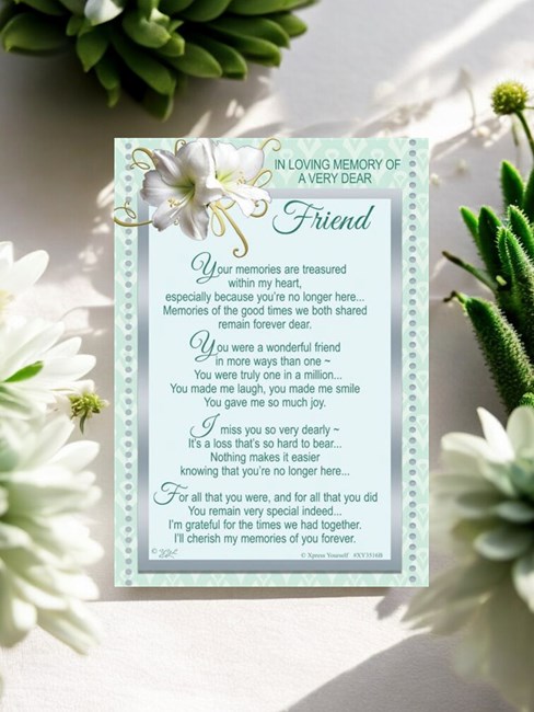 Loving Memory Graveside Memorial Card - Dear Friend Green White Lily 6.25x4.25"