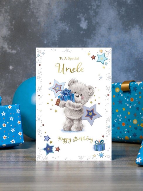 Uncle Birthday Card - Bear with Blue Presents Stars and Gold Foil 9x6" Uncle Birthday Card - Bear with Blue Presents Stars and Gold Foil 9x6"