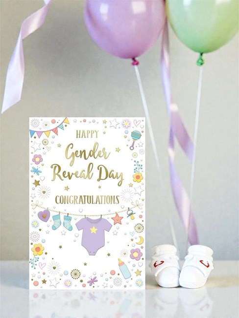 Gender Reveal Card - Unisex Boy or Girl Babygro Socks Stars Gold Foil 9x6" Gender Reveal Card - Unisex Boy or Girl Babygro Socks Stars Gold Foil 9x6"