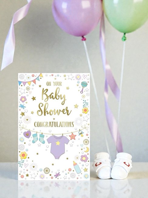 Baby Shower Card - Unisex Boy or Girl Babygro Socks Stars Gold Foil 9x6" Baby Shower Card - Unisex Boy or Girl Babygro Socks Stars Gold Foil 9x6"