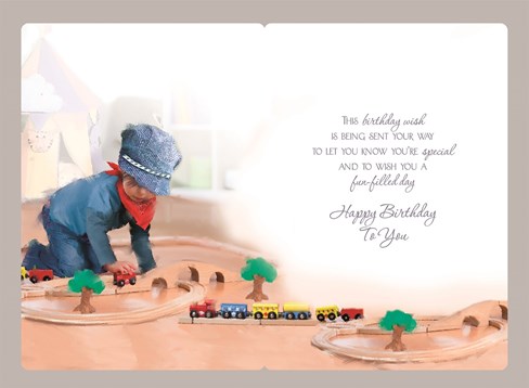 Son Birthday Card - Little Boy, Navy Blue Flat Cap & Wooden Train Set 8.75" x 6" Son Birthday Card - Little Boy, Navy Blue Flat Cap & Wooden Train Set 8.75" x 6"
