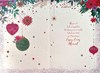 Open Christmas Card - Purple with Baubles, Silver Glitter and Foil 7.25 x 5.5"