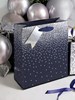 Medium Gift Bag - Blue with Silver Foil Stars & Gift Tag Ribbon Handle 10x8.5"