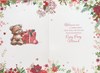 Open Christmas Card - Bear Sat by Gift Box Flower Border & Gold Foil 7.5x5.25"