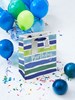 Medium Male Happy Birthday Gift Bag - Blue Green White Stripe Silver Foil 10x8.5