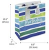 Medium Male Happy Birthday Gift Bag - Blue Green White Stripe Silver Foil 10x8.5