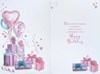 Open Female Birthday Card - Pink Lilac Presents and Balloons Gold Foil 7.5x5.25"