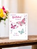Open Female Birthday Card - Pink and Blue Butterflies and Flowers 7.75x5.25"