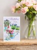Open Female Birthday Card -Watering Can Pink Flowers Lavender & Glitter 7.7x5.25