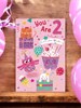 Age 2 Birthday Card - 2nd Birthday Girl Animals & Cupcake Silver Foil 7.75x5.25"