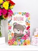 Mum Birthday Card - Bear with Bright Flowers Pink Butterfly & Gold Foil 9x6"