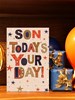 Son Birthday Card - Red Blue Brown Writing & Stars with Silver Foil Detail 9x6"
