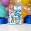 Great-Grandson 5th Birthday Card & Badge - Boy with Football & Blue Foil 9x6"