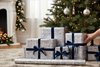 8m (2 x 4m) Christmas Gift Wrapping Paper - Silver with White Writing Blue Star