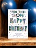 Son Birthday Card - Blue Green Letters and Stars with Gold Foil and Insert 9x6"