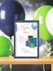 Nephew Birthday Card - Blue Green Presents Balloon and Stars Copper Foil 9x6"