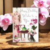 Jonny Javelin Open Female Birthday Card - Pink Orchid on Table & Kimono 7.25x5.5