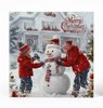 Pack of 12 Scenic Square Christmas Cards - Boys Building Snowman with Glitter