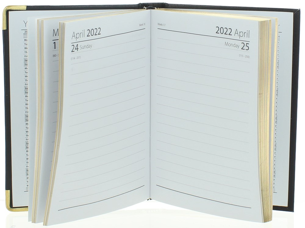 2022 A6 Page a Day Hardback Diary with Ribbon Marker Metal Corners Black
