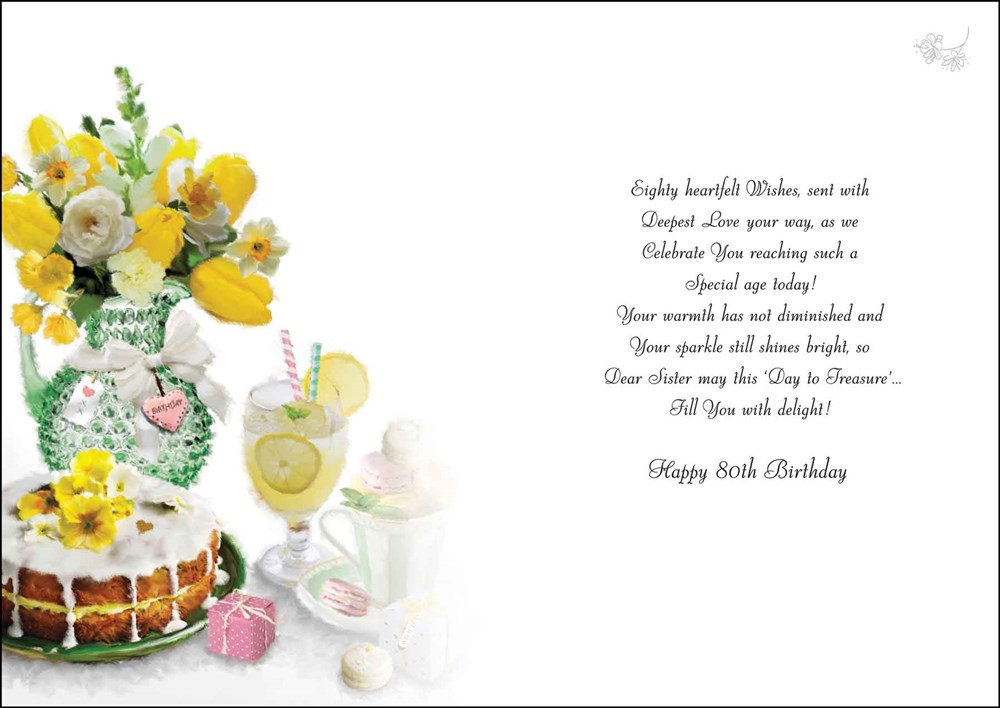 Sister 80th Birthday Card - Cake and Flowers in Jug with Glitter Foil 9x6.25\