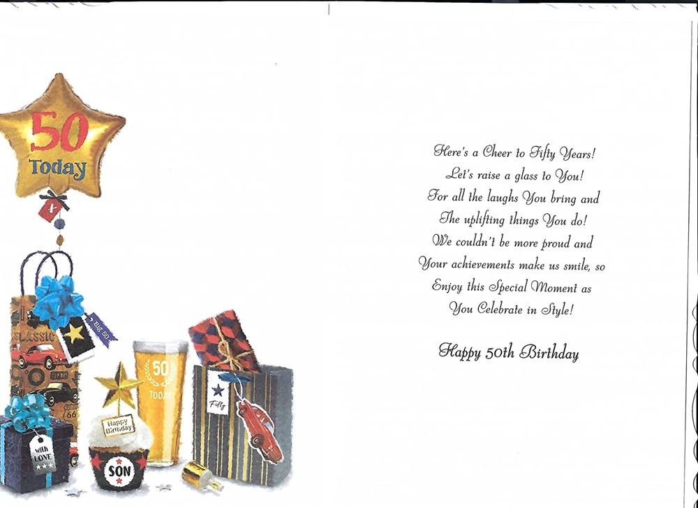 Jonny Javelin Son 50th Birthday Card Balloons and Presents Silver