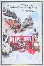 Dad & Partner Christmas Card - House in Snow Red Gate and Gold Foil 9x6"