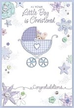 Baby Boy Christening Day Card - Bear in Blue Pram 7.5x5.25"