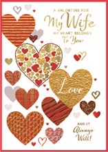 Wife Valentine's Day Card - Red and Gold Foil Hearts 9.75x7"