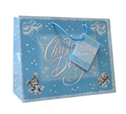 Medium Christening Boy Gift Bag - Landscape Blue with Hearts & Grey Rabbits 9x7"