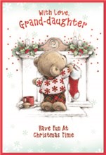 Granddaughter Christmas Card - Bear Hanging Stocking Fireplace Red Foil 7.5x5.25