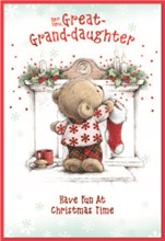 Great Granddaughter Christmas Card - Bear Fireplace Stocking red Foil 7.5x5.25