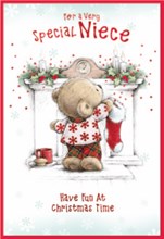 Niece Christmas Card - Bear Hanging Stocking Fireplace Red Foil 7.5x5.25"