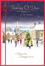 Thinking of You Christmas Card - People outside Church at Night Foil 7.75x5.25