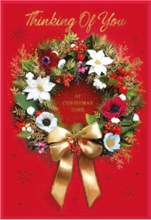 Thinking of You Christmas Card - Red with Floral Wreath with Gold Foil 7.75x5.25